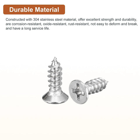 Premium Heavy Duty 100 Piece M4 X 12 Mm Flat Head Phillips Self Tapping Wood Screws Made From Tough 304 Stainless Steel, close-up view.