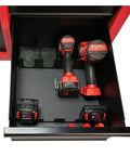 Heavy Duty 16 Drawer Tool Chest And Rolling Cabinet Set 46 Inch Red Black Workshop Storage with organized power tools in a drawer.