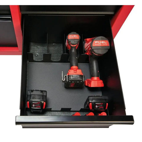 Heavy Duty 16 Drawer Tool Chest And Rolling Cabinet Set 46 Inch Red Black Workshop Storage with organized power tools in a drawer.