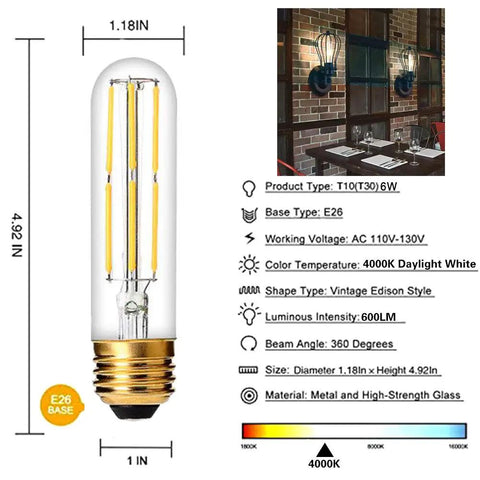 Dimmable T10 Edison LED Tubular Bulb 4000K Daylight White Dope Vintage Filament Light 60W Equivalent E26 Base, dimensions diagram