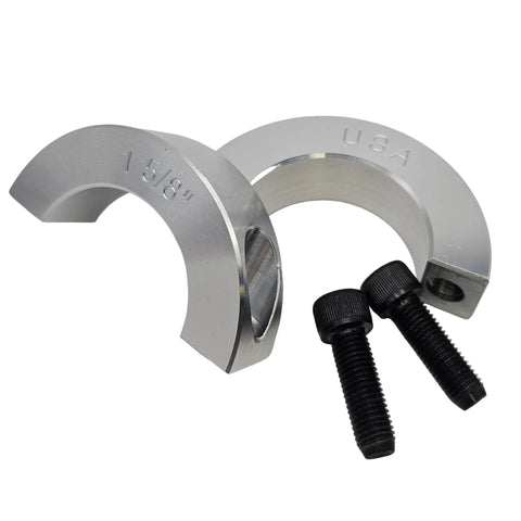 Two Pack Split Shaft Collar Clamp Set Built To Last Heavy Duty 2.625 Inch Outside Diameter Aluminum With 1.625 Inch Bore 0.688 Inch Thick Two Piece Design Includes Screws Made In USA split shaft collars with screws