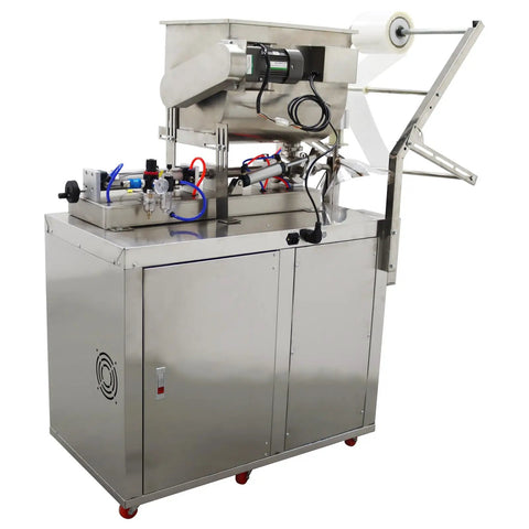 Automatic Pneumatic Paste And Liquid Filling Machine With Stainless Steel Horizontal Mixing Hopper For Sauces Oils Honey And Condiments 10 To 100 ML side view showing stainless steel construction and hoppers.