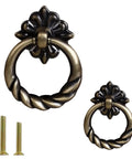 Retro Bronze Drop Ring Cabinet Pulls 12 Pack With Screws, Alloy Wardrobe Furniture Handles, antique finish, detailed front view