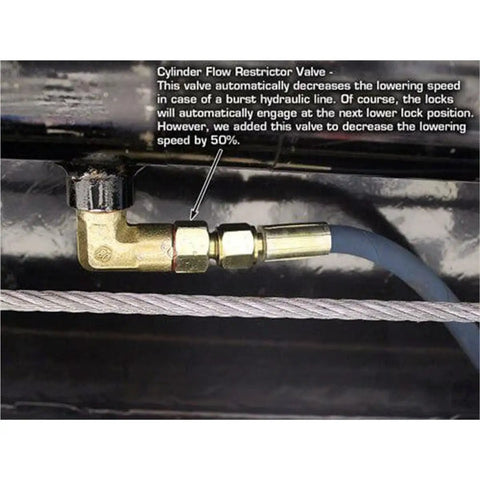 Close-up of Cylinder Flow Restrictor Valve in Heavy Duty Four Post Car Lift With Matching Sliding Jacks Black Powder Coated Steel Garage Auto Hoist System.
