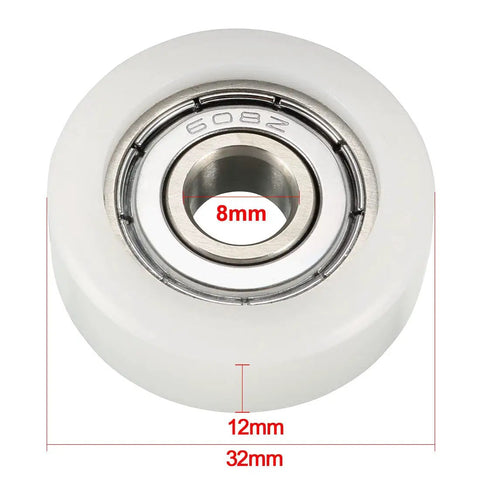 4 Pack White Pom Roller Idler Bearing Pulley Smooth Operator Conveyor Guide Wheel For Sliding Doors Windows with 8mm inner diameter.