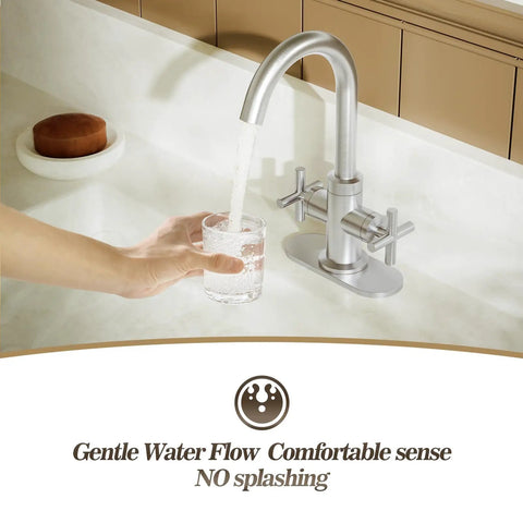 Brushed Nickel Vanity Faucet With 4 Inch Centerset Or Single Hole Setup, Swivel Spout, water flow into glass, Easy Install SGF03-10-BN