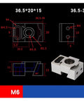 Technical diagram and M6 size for Beefy CNC Clamp Vise for Multi-Station Pneumatic Milling, Single-Sided OK Clamp With Precise Center Fix.