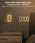 Smart Wall Outlet Extender with Night Light showing adjustable brightness, includes two AC outlets and USB ports.