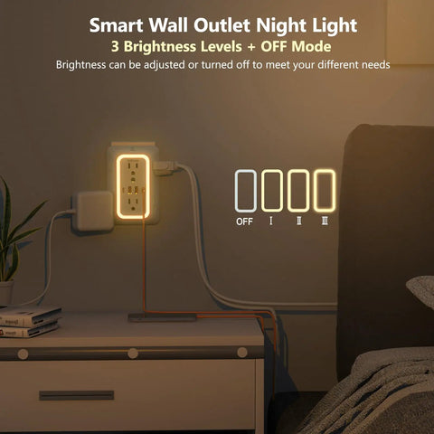 Smart Wall Outlet Extender with Night Light showing adjustable brightness, includes two AC outlets and USB ports.