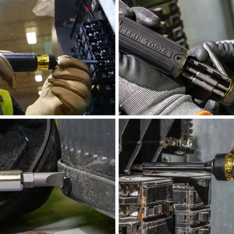 Ratcheting Multi-Bit Screwdriver 15-In-1 used in various tasks, showing on-handle bit storage and nut driver in action.
