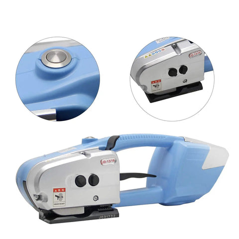 Kickass Heavy Duty Battery Powered Electric Welding Strapping Tool For Portable Pp Pet Belt Packing With Smooth Adjustable Tension Control And Quick Automatic Sealing Capability close-up view showing button and base design