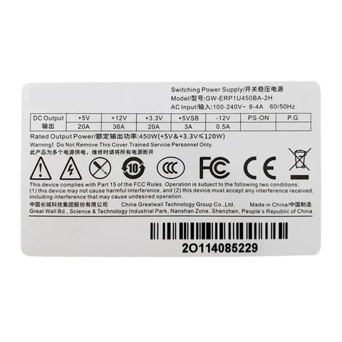 1U 450W Redundant Power Supply For Industrial Server Heavy Duty Rackmount PSU With Hot Swap Design Reliable label view