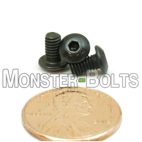 Size 6 40 X 1/4 Inch Button Head Socket Cap Screws, Rock Solid Alloy Steel, Top Shelf Black Oxide Coating, Badass 12.9 Grade Strength, Includes 50 Pieces For Your Next Rig Upgrade with a penny for scale.