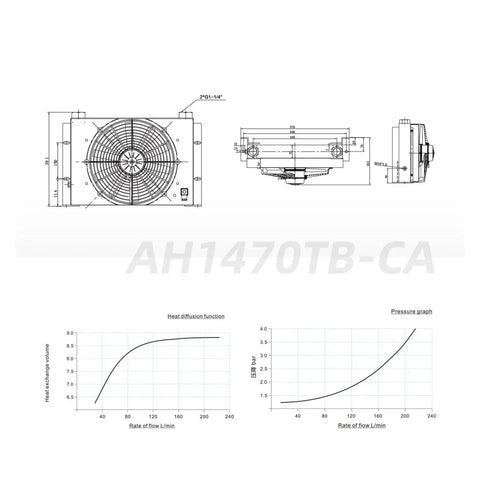 Technical diagram of High Flow 200 Liters Per Minute Hydraulic Oil Cooler With Air Cooled Radiator And Rugged Oil Cooling Exchanger