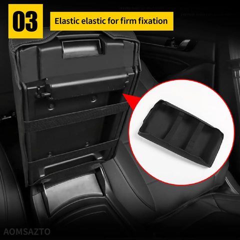 Elastic band fixating center console cover for 2013-2018 Nissan Altima armrest, black faux leather with stitching and non-slip backing.
