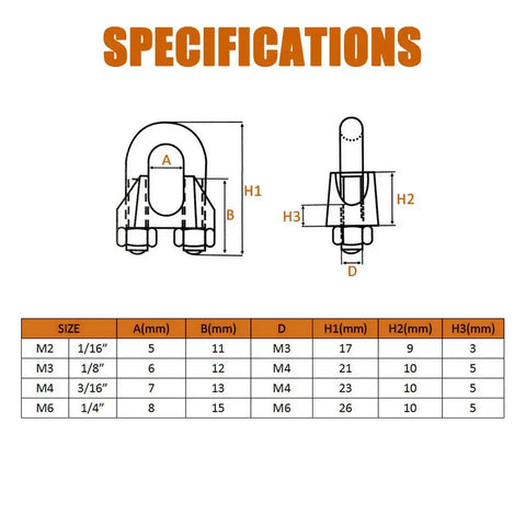 Diagram showing specifications for 25 Pack Stainless Steel Wire Rope Cable Clamps Kit U Shaped Bolts Saddle Nuts For 1/16 Inch 1/8 Inch 3/16 Inch And 1/4 Inch Cables Corrosion Resistant Heavy Duty DIY Rigging Fasteners.