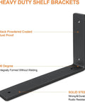Close-up of L-shaped heavy duty shelf bracket with black powder-coated finish, rust proof, showing 90-degree angle and solid steel material.