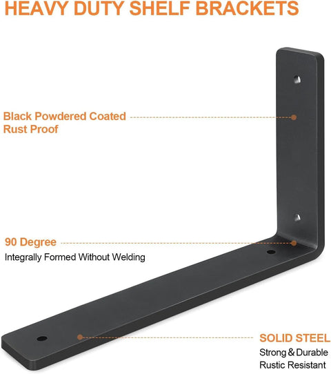 Close-up of L-shaped heavy duty shelf bracket with black powder-coated finish, rust proof, showing 90-degree angle and solid steel material.