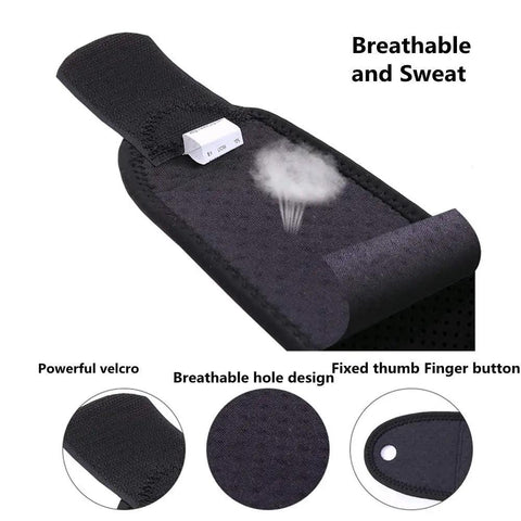 Breathable neoprene wrist wrap with thumb loop and stabilization for sports, showing velcro and hole design.