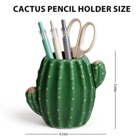 Cactus Desk Organizer Set With Ceramic Pen Holder featuring green ceramic cactus design, filled with pens and scissors for women