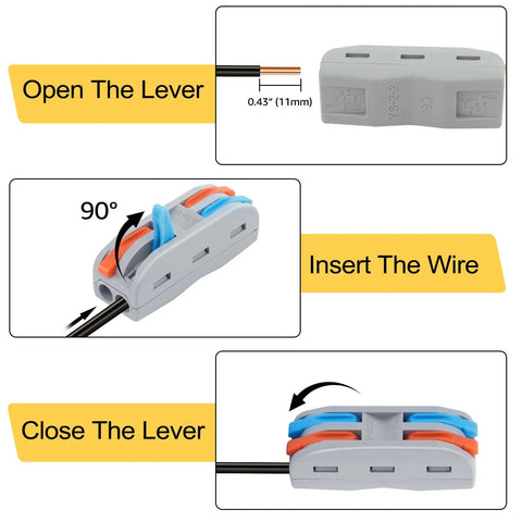 63 Piece Lever Wire Connector Kit For DIY Home Wiring And Lighting Projects Includes 2 In 2 Out 3 In 3 Out 2 In 4 Out And 2 In 6 Out quick lever operation diagram