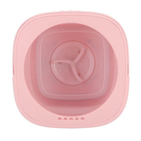 No Sweat Foldable Mini Washing Machine, Portable Compact Washer with pink design and smooth drum for light loads.
