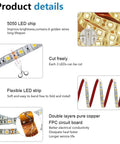 Infographic on 5050 SMD LED chip features for Red LED Light Strip 32.8Ft Waterproof IP65 12V 600 LEDs on black PCB with 3M tape