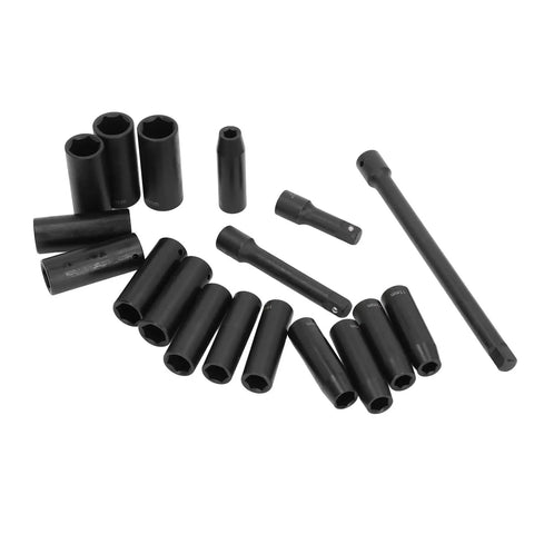 Ultimate 18-Pc Metric Hex Impact Socket Kit With Cr-V Steel Sockets From 10mm To 24Mm Plus Extensions And Storage Box For Your Garage Repair Jobs And Auto Hobbies, black deep sockets