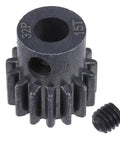 Beefy Metal Pinion Gear Set 0.8 Metric Pitch 32 for 1/10 Traxxas Slash RC Cars includes 15T gear and grub screw, front view.