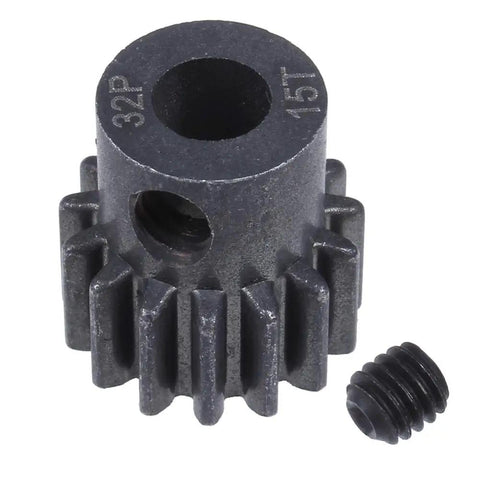 Beefy Metal Pinion Gear Set 0.8 Metric Pitch 32 for 1/10 Traxxas Slash RC Cars includes 15T gear and grub screw, front view.