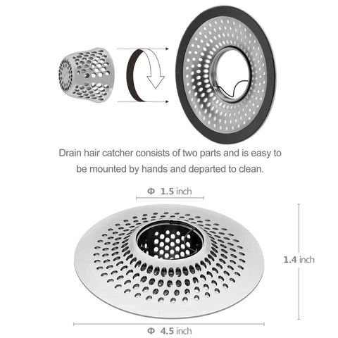Detachable Drain Hair Catcher And Shower Strainer For Bathtub Stainless Steel Drain Protector in two-part design, size 4.5x4.5x1.4 inches
