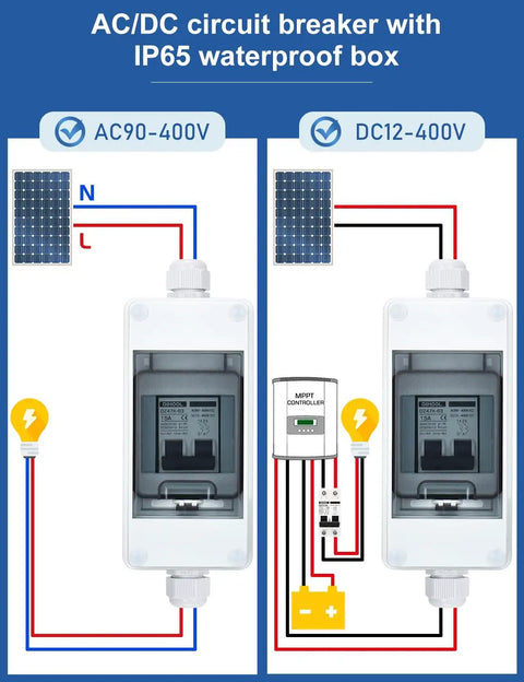 Heavy Duty AC DC Miniature Circuit Breaker IP65 DIN Rail Box 15 Amp Dual Pole Solar Disconnect Switch For RV Campers connections diagram
