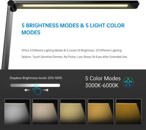LED Desk Lamp With Wireless Charger And USB Port, 5 Color Modes And 5 Brightness Levels display showing lighting options