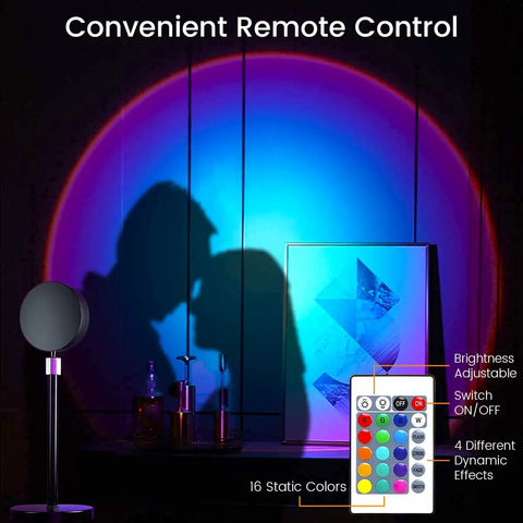 Sunrise Mood Lamp With Remote, 16 Color Changing Sunset Projector For Bedroom illuminating wall with vibrant colors