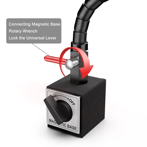 Close-up of Pro Grade Magnetic Base With 360 Degree Flexible Arm For Dial Indicators One Handed Operation For Easy Adjustments Secure Hold And Precise Measurements Adjustable Stand With Rotor Ball Joint For Digital And Dial Indicator Gauges Black