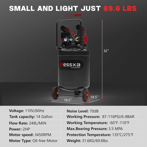 14 Gallon Ultra Quiet Air Compressor Oil Free Portable 2HP 8.75 CFM At 115 PSI Lightweight Storage Tank With Handle And Wheels For Home Garage Projects Super Silent And Fast Inflation
