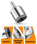 Front view: Diamond hole saw drill bit with silver metal body and diamond-coated edge for glass, tile and stone
