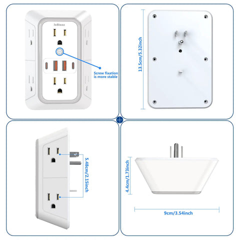 Heavy Duty 6 Outlet Splitter Surge Protector With 4 Usb Ports And Dual Type C Plug And Play Wall Expander Power Strip dimensions and design layout.