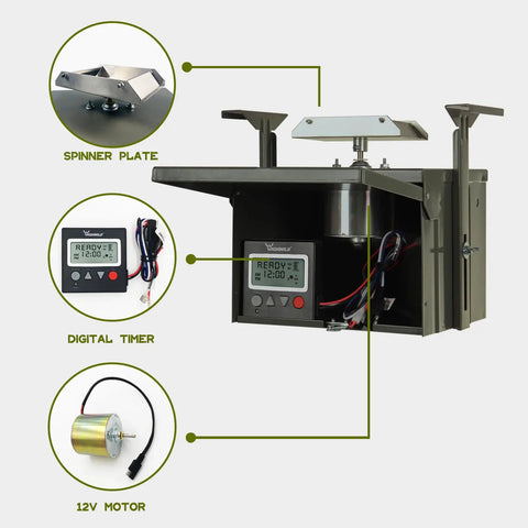 12 Volt Digital Power Control Unit For Deer Feeder With Universal Barrel Mounting Powder Coated Steel Housing Built Tough 8 Feed Times Per Day 1 To 30 Seconds Each Includes Digital Timer Motor Spinner Plate