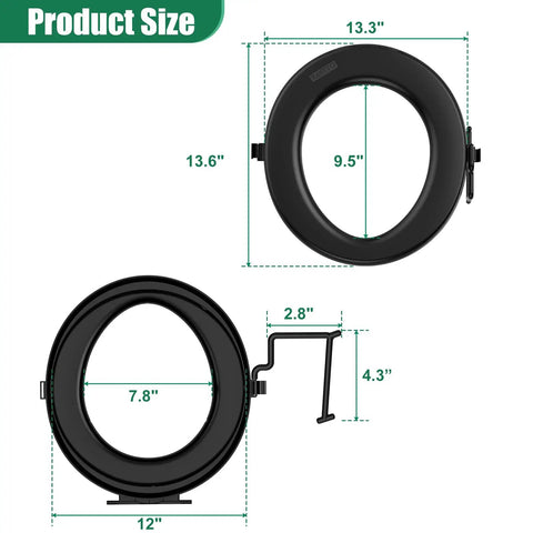 Product size details for No Sweat Snap On Portable Toilet Seat For 5 Gallon Buckets, shown in black with dimensions.