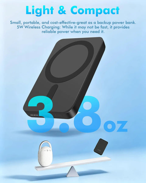 Ultra Slim Magnetic Portable Charger For Smartphones 5000mAh Power Bank in black, lightweight 3.8oz, ideal for quick recharges.