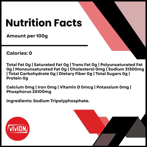 Nutrition facts label for Vivion Sodium Tripolyphosphate, listing 100g serving nutrients and no calories. Ingredient: Sodium Tripolyphosphate.