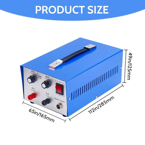 Handheld Pulse Arc Jewelry Welder Kit For Gold Silver Platinum And K Gold with dimensions labeled on blue welder box