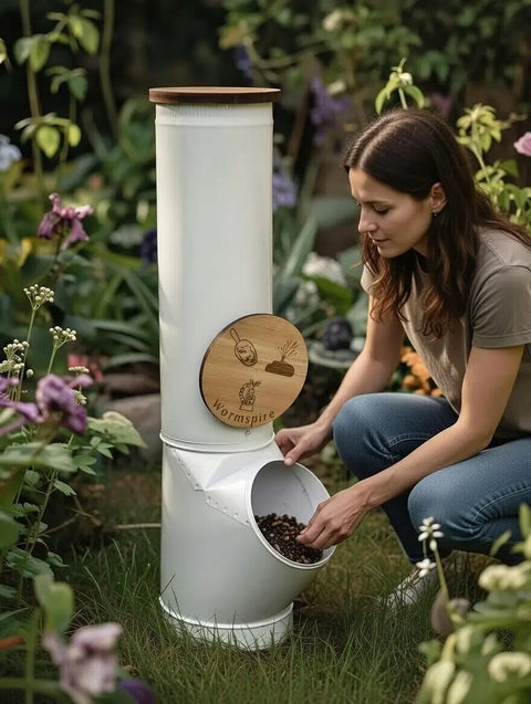 Person using a vertical worm compost bin space saver modular stackable system for small gardens and containers green 4 gallon capacity great for one to two people odor controlled and super easy to expand