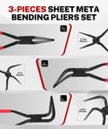 Three Piece Hand Seamer Set For Sheet Metal Bending With Straight 45 Degree And 90 Degree Jaws Two And Three Eighths Inch Wide Pliers Comfortable Grip Handles For Auto Body Home DIY And Metal Fabrication, showing all three pliers with red handles and varying jaw angles