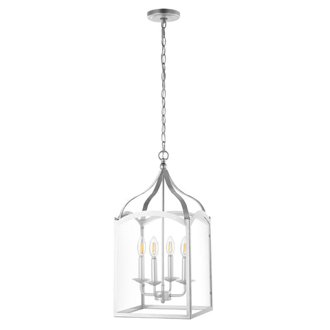 Silver 11 Inch Four Light Traditional Lantern Pendant With Metal Frame And Clear Glass Shade Classic Chandelier For Foyer Or Kitchen Island Energy Saving LED Bulbs Included