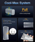 Cool-Max System overview with airflow cooling design, 38 aluminum cooling fins, and thermal silicone pad.