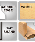 Heavy Duty Pro Grade Carbide Lock Miter Router Bit 45 Degree Cut 3/4 Inch Cutting Height 1/4 Inch Shank details with illustrations