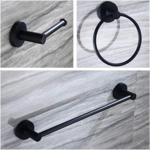 Slick Black Bathroom Hardware Set Wall Mounted 24 Inch Towel Bar Adjustable Toilet Paper Holder Towel Ring Three Piece Lavatory Shower Set With Gift Box For A Modern Bathroom Upgrade displayed on marble wall
