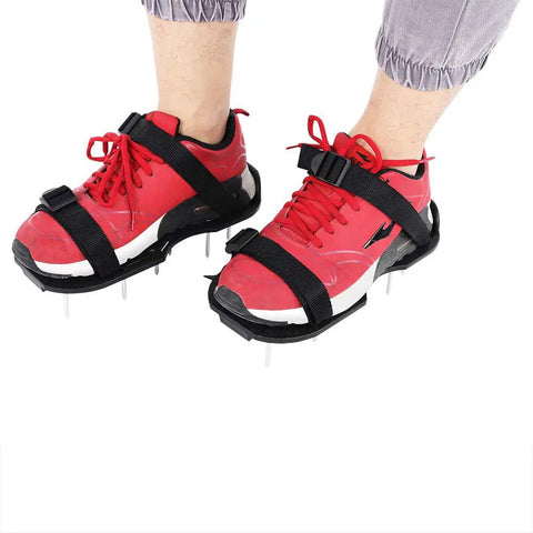 Lawn Aerator Shoes 1 Pair With Adjustable Buckles For Lawns Gardens And Patios, Durable PP Plastic Nail Shoes Tool For Deep Soil Aeration in use
